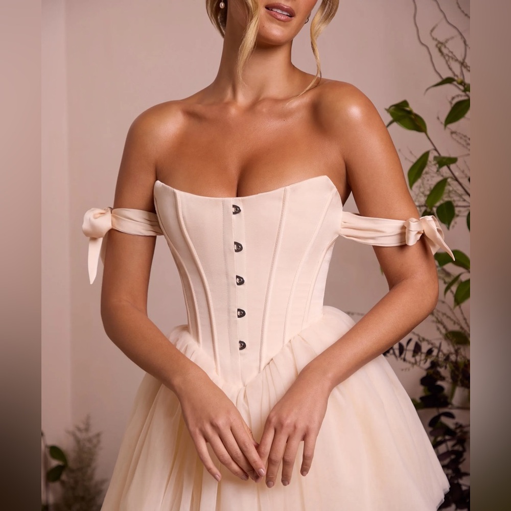 Oh Polly Strapless Corset Tulle Mini Dress in Ivory Blush